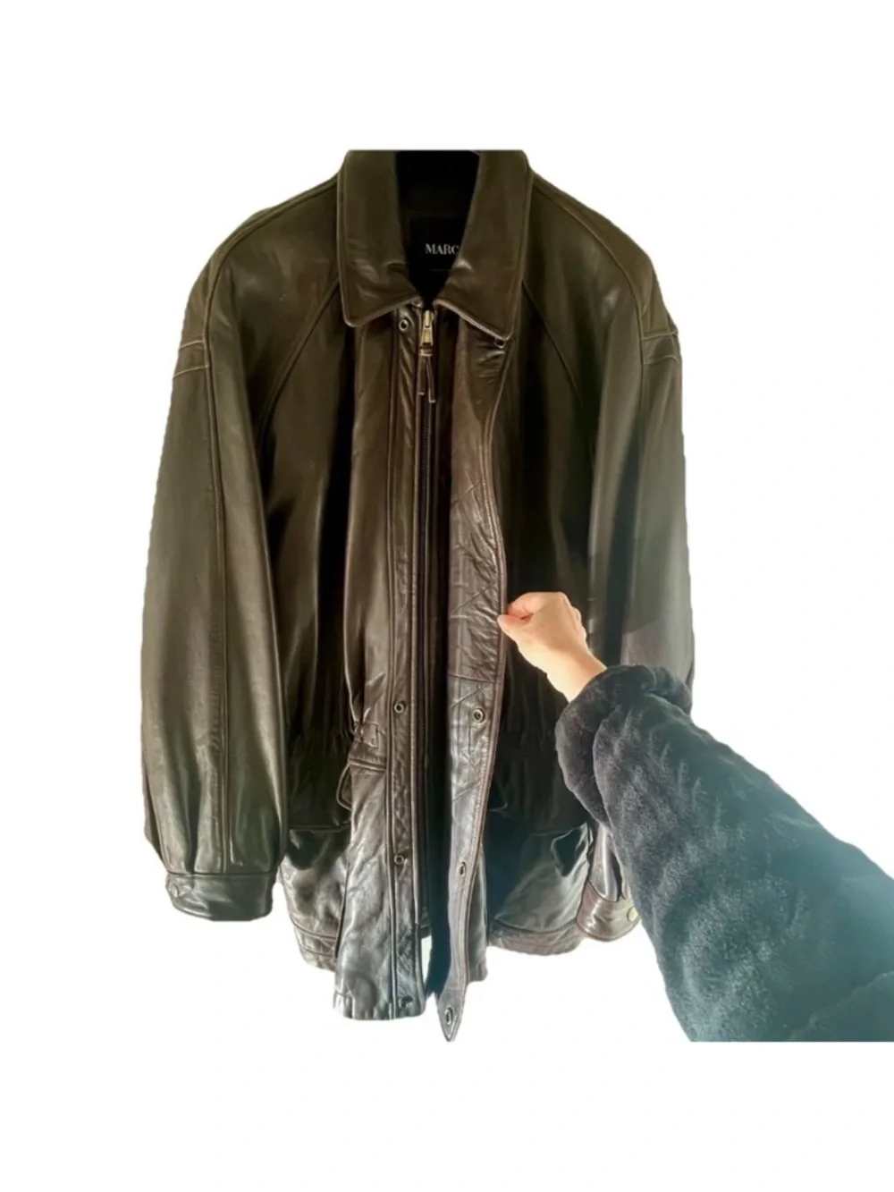 MARC Brown Lambskin Leather Mens Quilted Drawstring Waist Jacket - Size L